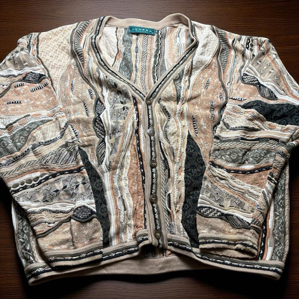 Vintage Tundra Canada Sweater Men’s XXL 3D Knit Coogi Style Button up